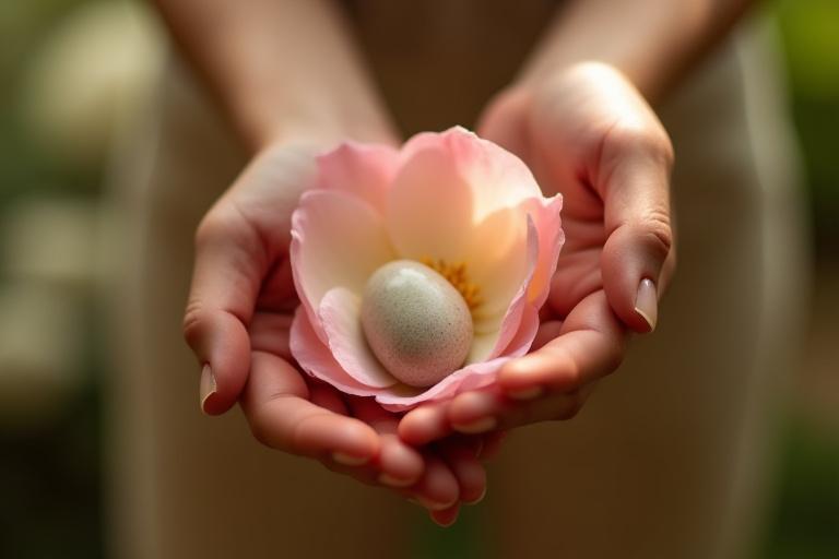 Nahaufnahme einer Hand, die einen kleinen, polierten Stein zwischen Blüten hält, symbolisiert Achtsamkeit und Naturverbundenheit.