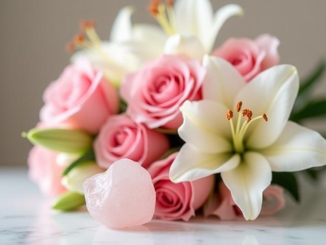 Blumenstrauß 'Liebesbotschaft' mit Rosen und Rosenquarz